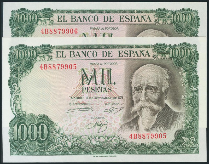 1000 Pesetas. 17 de Septiembre de 1971. Pareja correlativa. Serie 4B. (Edifil 20...