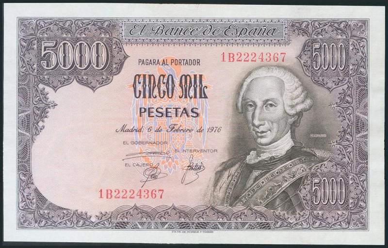 5000 Pesetas. 6 de Febrero de 1976. Serie 1B. (Edifil 2017: 475a). Infimo cortec...