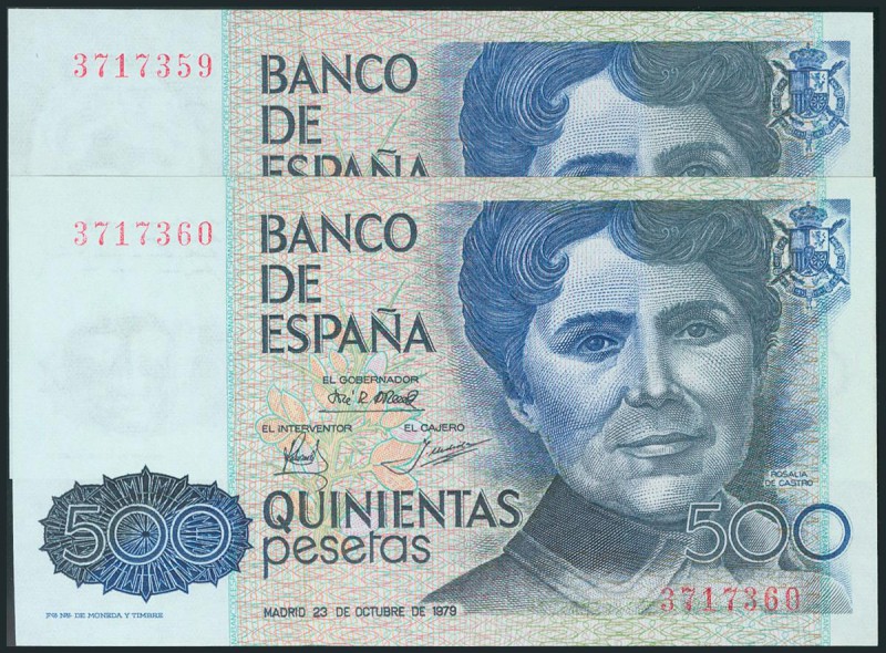 500 Pesetas. 23 de Diciembre de 1979. Pareja correlativa. Sin serie. (Edifil 201...