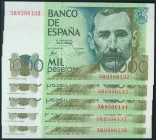 Conjunto de 5 billetes correlativos de 1000 Pesetas emitidos el 23 de Diciembre de 1979, serie 5Q (Edifil 2017: 477a). SC.