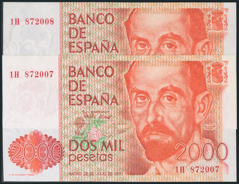 2000 Pesetas. 22 de Julio de 1980. Pareja correlativa. Serie 1H. (Edifil 2017: 4...