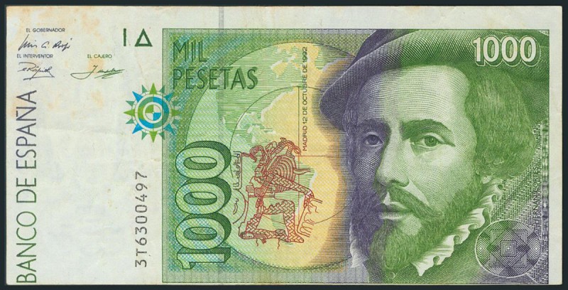 1000 Pesetas. 12 de Octubre de 1992. Error de guillotinado. Serie 3T. (Edifil 20...