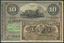 CUBA. Conjunto de 2 billetes de 1 Peso y 10 Pesos (ambos sin serie), emitidos el 15 de Mayo de 1896. (Edifil 2017: 71, 73). BC.