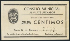 ALBALATE (TERUEL). 25 Céntimos. 15 de Junio de 1937. (González: 173). Inusual. MBC.