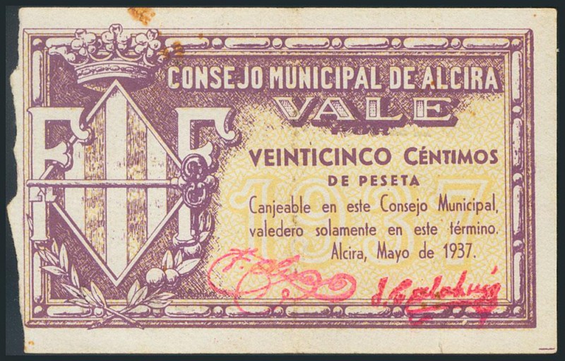 ALCIRA (VALENCIA). 25 Céntimos. Junio de 1937. (González: 324). RC.