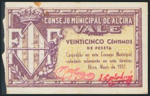 ALCIRA (VALENCIA). 25 Céntimos. Junio de 1937. (González: 324). RC.