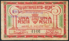 ASPE (ALICANTE). 1 Peseta. 15 de Agosto de 1937. (González: 790). Raro. BC.