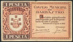 BARBASTRO (HUESCA). 1 Peseta. 18 de Agosto de 1937. (González: 882). BC.