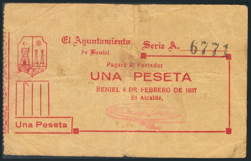 BENIEL (MURCIA). 1 Peseta. 8 de Febrero de 1937. Serie A. (González: 1098). Raro...