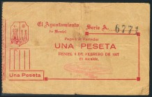 BENIEL (MURCIA). 1 Peseta. 8 de Febrero de 1937. Serie A. (González: 1098). Raro. BC.