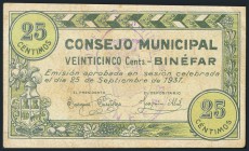BINEFAR (HUESCA). 25 Céntimos, 50 Céntimos y 1 Peseta. 25 de Septiembre de 1937. (González: 1228, 1229, 1230). BC.