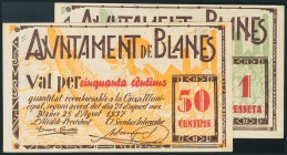 BLANES (GERONA). 50 Céntimos y 1 Peseta. 25 de Agosto de 1937. EBC.