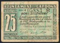 CARDONA (BARCELONA). 25 Céntimos y 1 Peseta. 5 de Octubre de 1937. BC.