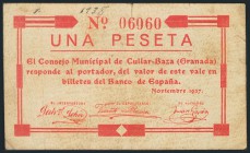 CULLAR-BAZA (GRANADA). 1 Peseta. Noviembre de 1937. 2ª Emisión. (González: 2159). Raro. BC.