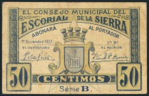 ESCORIAL (MADRID). 50 Céntimos. 1 de Diciembre de 1937. (González: 2325). Raro. BC.