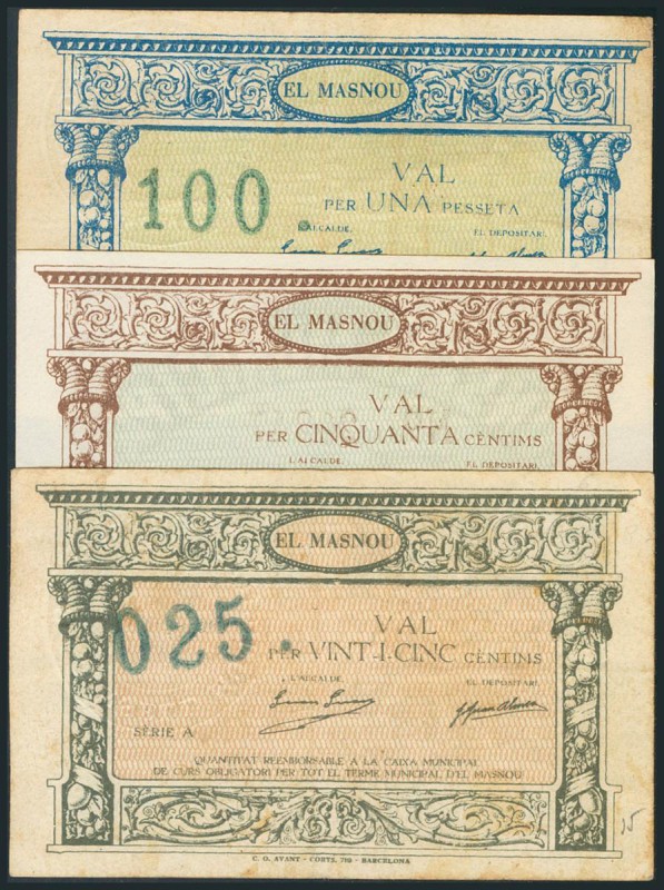 EL MASNOU (BARCELONA). 25 Céntimos, 50 Céntimos y 1 Peseta. (1937ca). Todos seri...