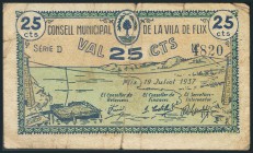 FLIX (TARRAGONA). 25 Céntimos. 19 de Julio de 1937. Serie D. Inusual. BC-.
