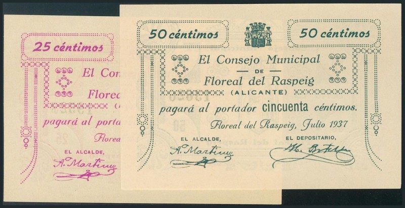 FLOREAL DEL RASPEIG (ALICANTE). 25 Céntimos y 50 Céntimos. Julio de 1937. (Gonzá...