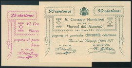 FLOREAL DEL RASPEIG (ALICANTE). 25 Céntimos y 50 Céntimos. Julio de 1937. (González: 2461, 2462). EBC.