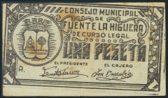FUENTE DE LA HIGUERA. 1 Peseta. (1937ca). (González: 2562). Inusual. BC.