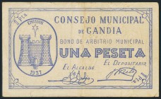 GANDIA (VALENCIA). 1 Peseta. 1937. (González: 2611). BC.