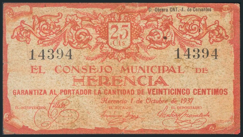 HERENCIA (CIUDAD REAL). 25 Céntimos. Octubre de 1937. (González: 2818). Inusual....