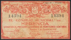 HERENCIA (CIUDAD REAL). 25 Céntimos. Octubre de 1937. (González: 2818). Inusual. BC.