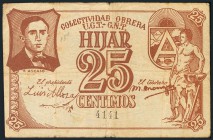 HIJAR (TERUEL). 25 Céntimos y 1 Peseta (cosido con hilo). (1936ca). (González: 2849, 2850). Inusual. BC/RC.