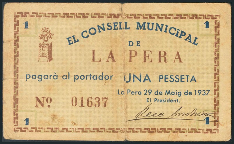 LA PERA (GERONA). 1 Peseta. 29 de Mayo de 1937. BC.