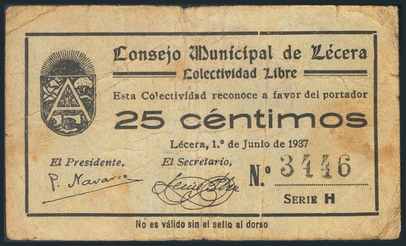 LECERA (ZARAGOZA). 25 Céntimos. 1 de Junio de 1937. (González: 3123). Inusual. B...