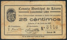 LECERA (ZARAGOZA). 25 Céntimos. 1 de Junio de 1937. (González: 3123). Inusual. BC.