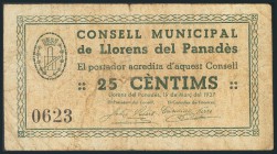 LLORENS DEL PANADES (TARRAGONA). 25 Céntimos. 19 de Marzo de 1937. BC.