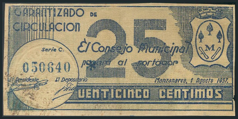 MANZANARES (CIUDAD REAL). 25 Céntimos. 1 de Abril de 1937. (González: 3369). Inu...