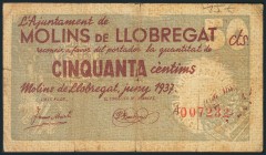 MOLINS DE LLOBREGAT (BARCELONA). 50 Céntimos. Junio de 1937. BC-.