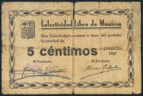 MUNIESA (TERUEL). 5 Céntimos. 1937. (González: 3761). Raro. RC.