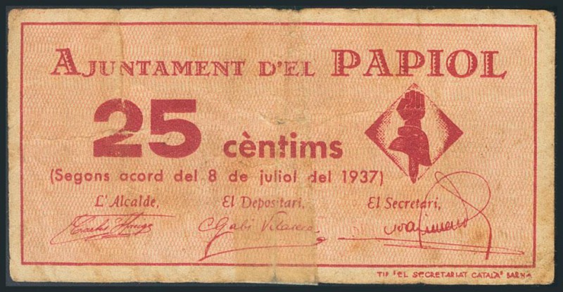 PAPIOL (BARCELONA). 25 Céntimos. 8 de Julio de 1937. RC.