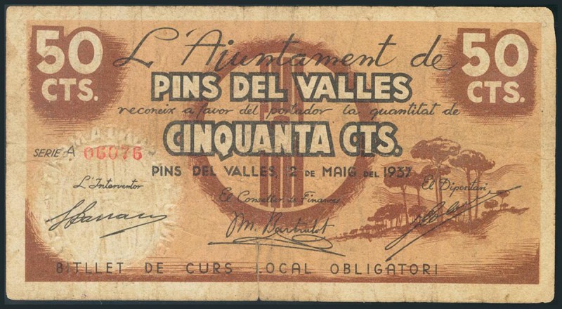 PINS DEL VALLES (BARCELONA). 50 Céntimos. 2 de Mayo de 1937. Serie A.
BC.