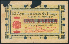 PLIEGO (MURCIA). 1 Peseta. Marzo de 1937. (González: 4210). Raro. RC-.