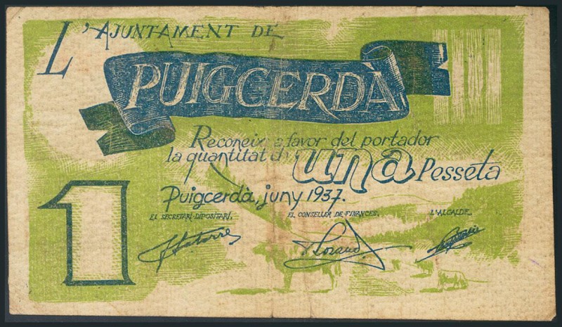 PUIGCERDA (BARCELONA). 1 Peseta. Junio de 1937. BC.