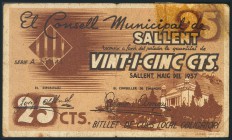 SALLENT (BARCELONA). 25 Céntimos. Mayo de 1937. Serie A. RC.