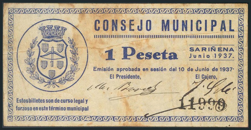 SARIÑENA (HUESCA). 1 Peseta. 10 de Junio de 1937. (González: 4786). BC.