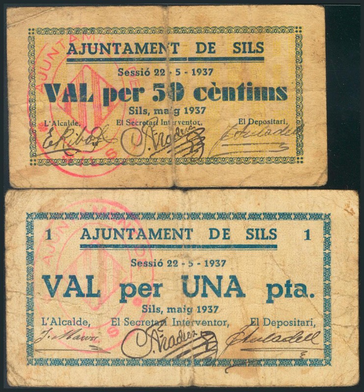 SILS (GERONA). 50 Céntimos y 1 Peseta. Mayo de 1937. RC.