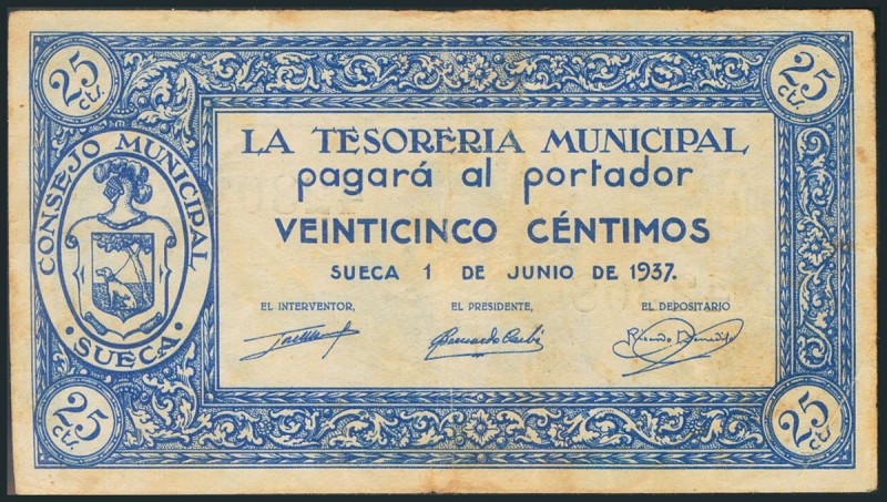 SUECA (VALENCIA). 25 Céntimos. 1 de Junio de 1937. Sin serie. (González: 4927). ...
