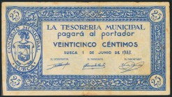 SUECA (VALENCIA). 25 Céntimos. 1 de Junio de 1937. Sin serie. (González: 4927). BC.