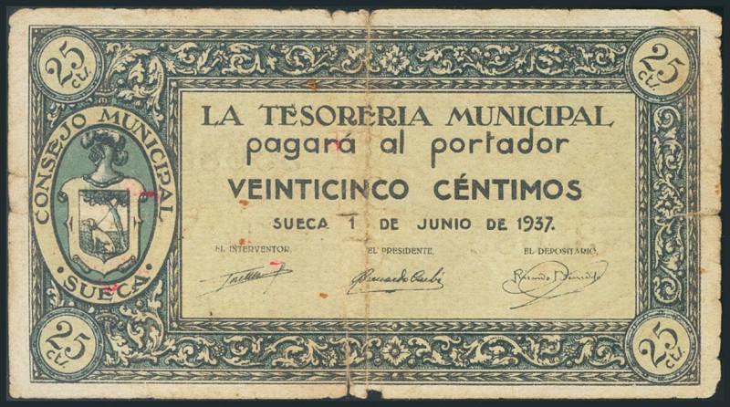 SUECA (VALENCIA). 25 Céntimos. 1 de Junio de 1937. Serie A. (González: 4929). BC...