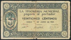 SUECA (VALENCIA). 25 Céntimos. 1 de Junio de 1937. Serie A. (González: 4929). BC.