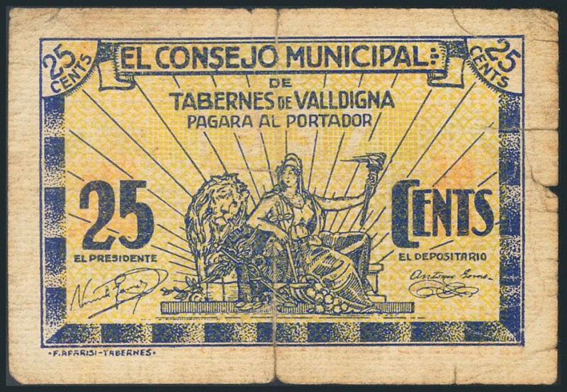 TABERNES DE VALLDIGNA (VALENCIA). 25 Céntimos. 1937. (González: 4944). Inusual. ...