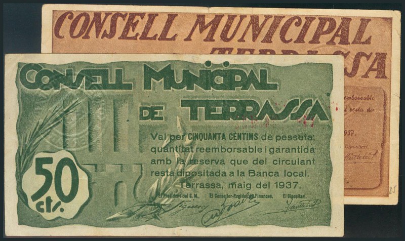 TERRASSA (BARCELONA). 50 Céntimos y 1 Peseta. Mayo de 1937. BC.