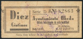 UBEDA (JAEN). 10 Céntimos. 1 de Marzo de 1937. Tipo anverso fondo blanco. (González: 5197). Inusual. BC.