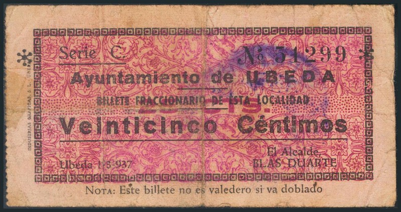 UBEDA (JAEN). 25 Céntimos. 1 de Marzo de 1937. Tipo anverso rosáceo. (González: ...